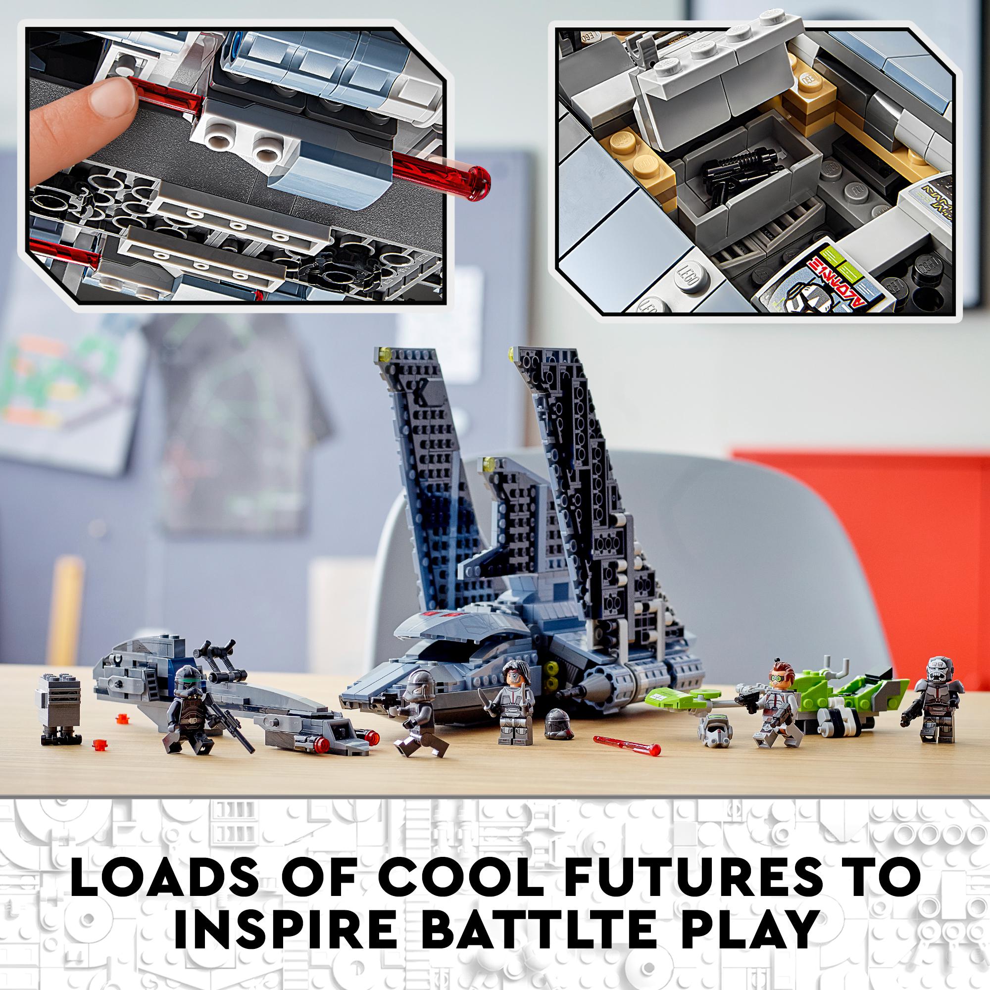 LEGO Star Wars The Bad Batch Attack Shuttle 75314 with clone figures, showcasing features for imaginative battle play.