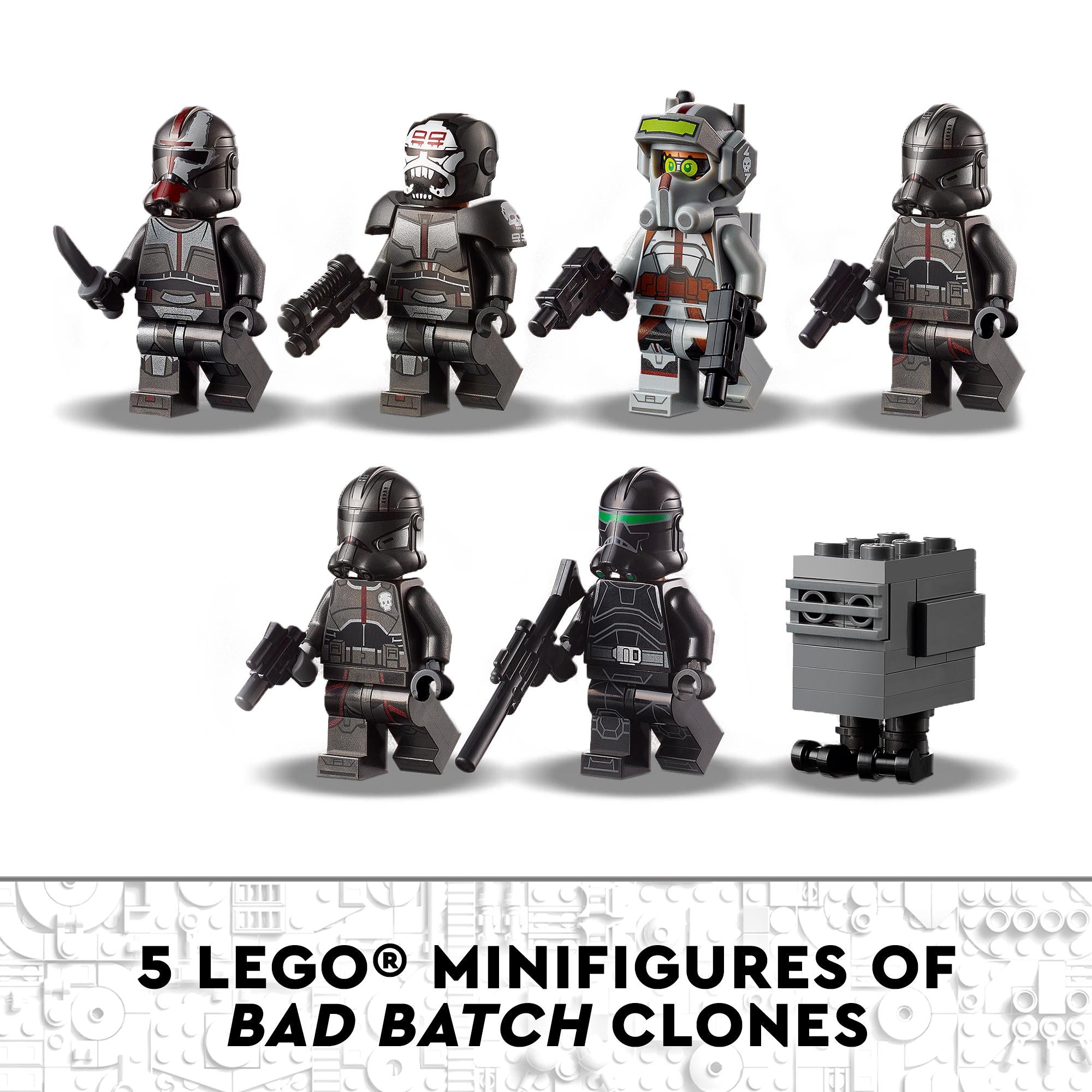 Five LEGO® minifigures of Bad Batch clones from Star Wars: The Bad Batch, perfect for exciting roleplay adventures.