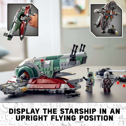 LEGO Star Wars Boba Fett's Starship set showcasing display options and characters from The Mandalorian.