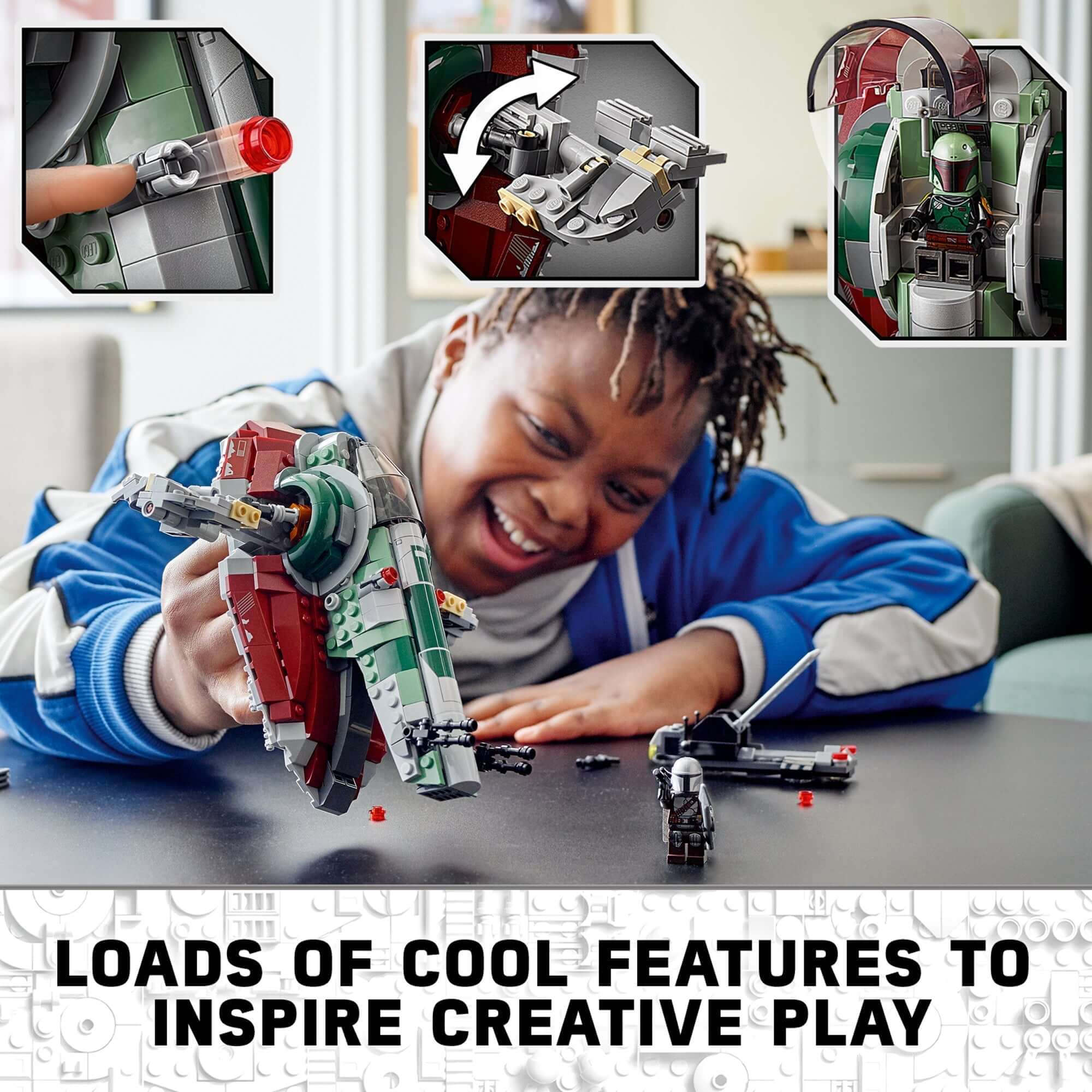 Child playing with LEGO Star Wars Boba Fett's Starship set, showcasing cool features for creative play.