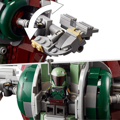 LEGO® Star Wars Boba Fett’s Starship Set 75312 with movable wing and pilot minifigure, perfect for display and play.