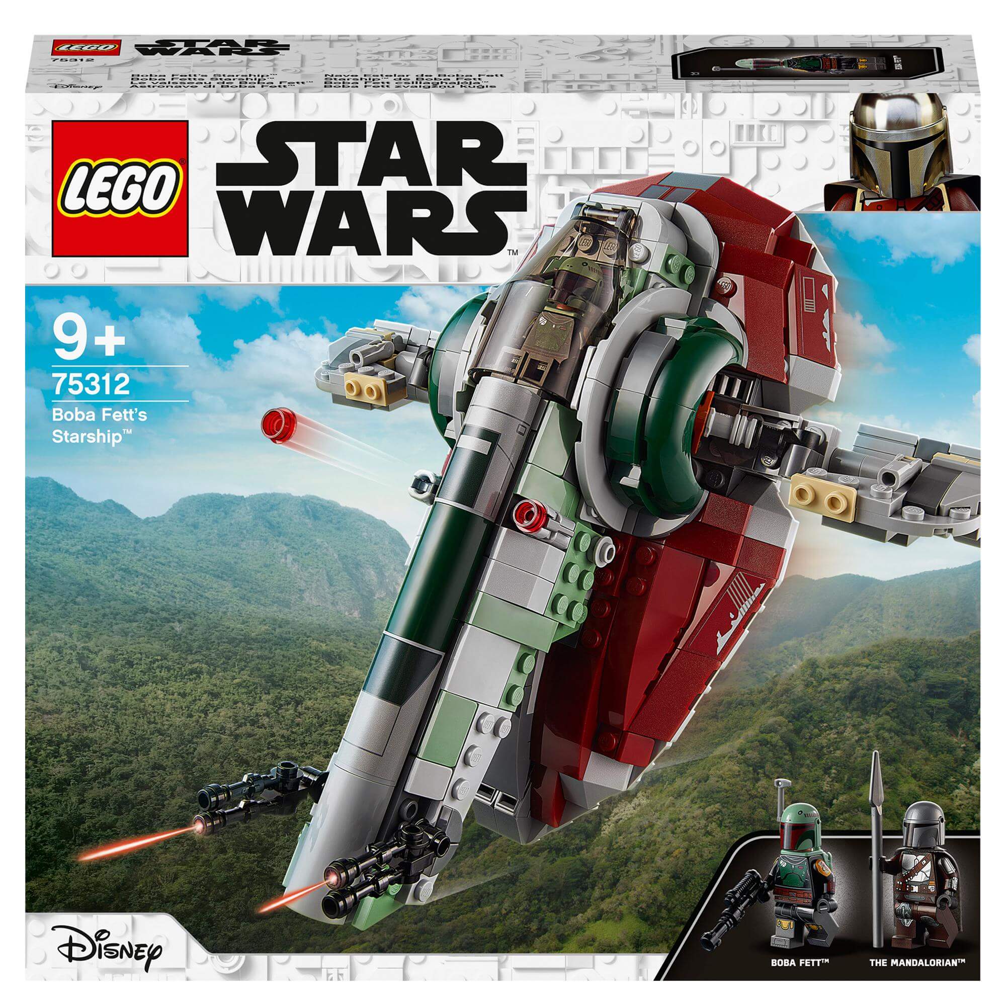 LEGO Star Wars Boba Fett’s Starship Set 75312 box packaging with starship and characters from The Mandalorian.