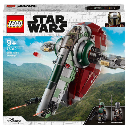 LEGO Star Wars Boba Fett’s Starship Set 75312 box packaging with starship and characters from The Mandalorian.