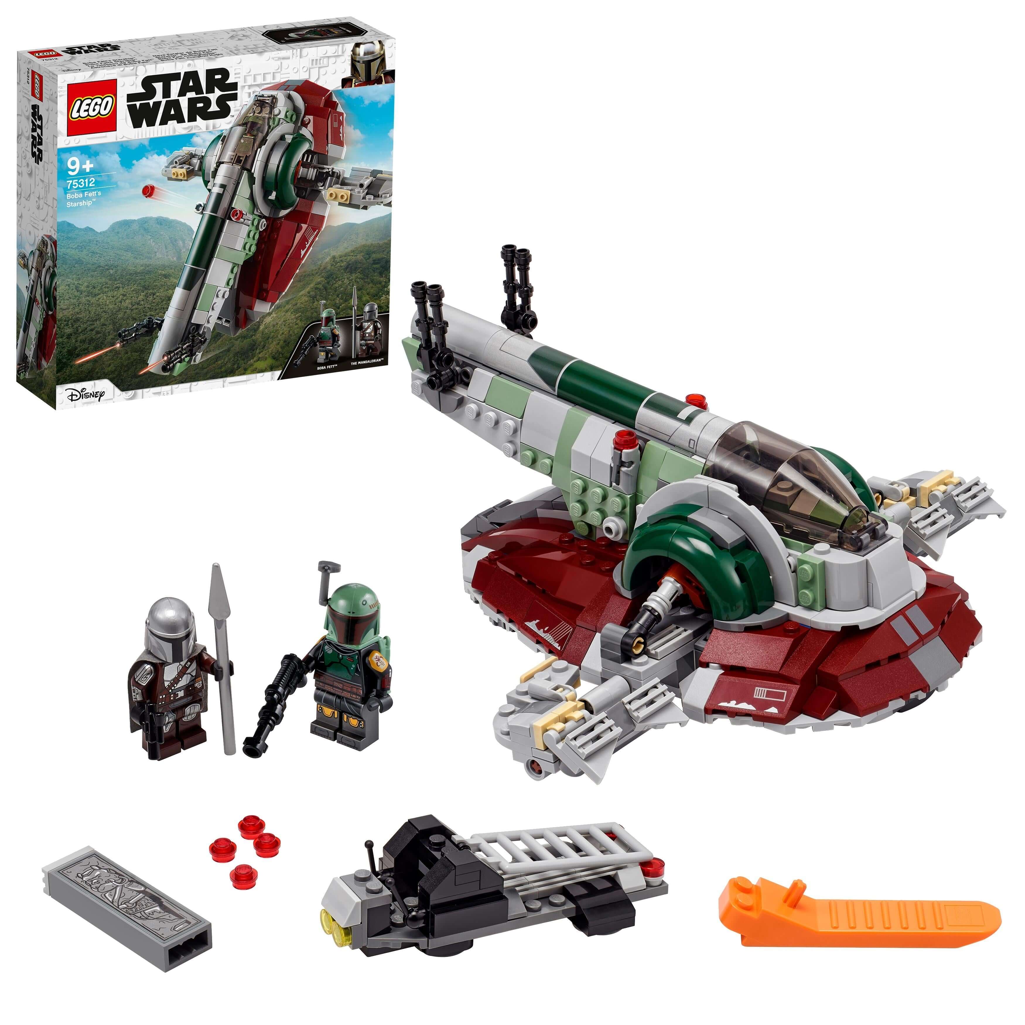 LEGO Star Wars Boba Fett's Starship Set 75312 with minifigures, model pieces, and packaging for display and play.