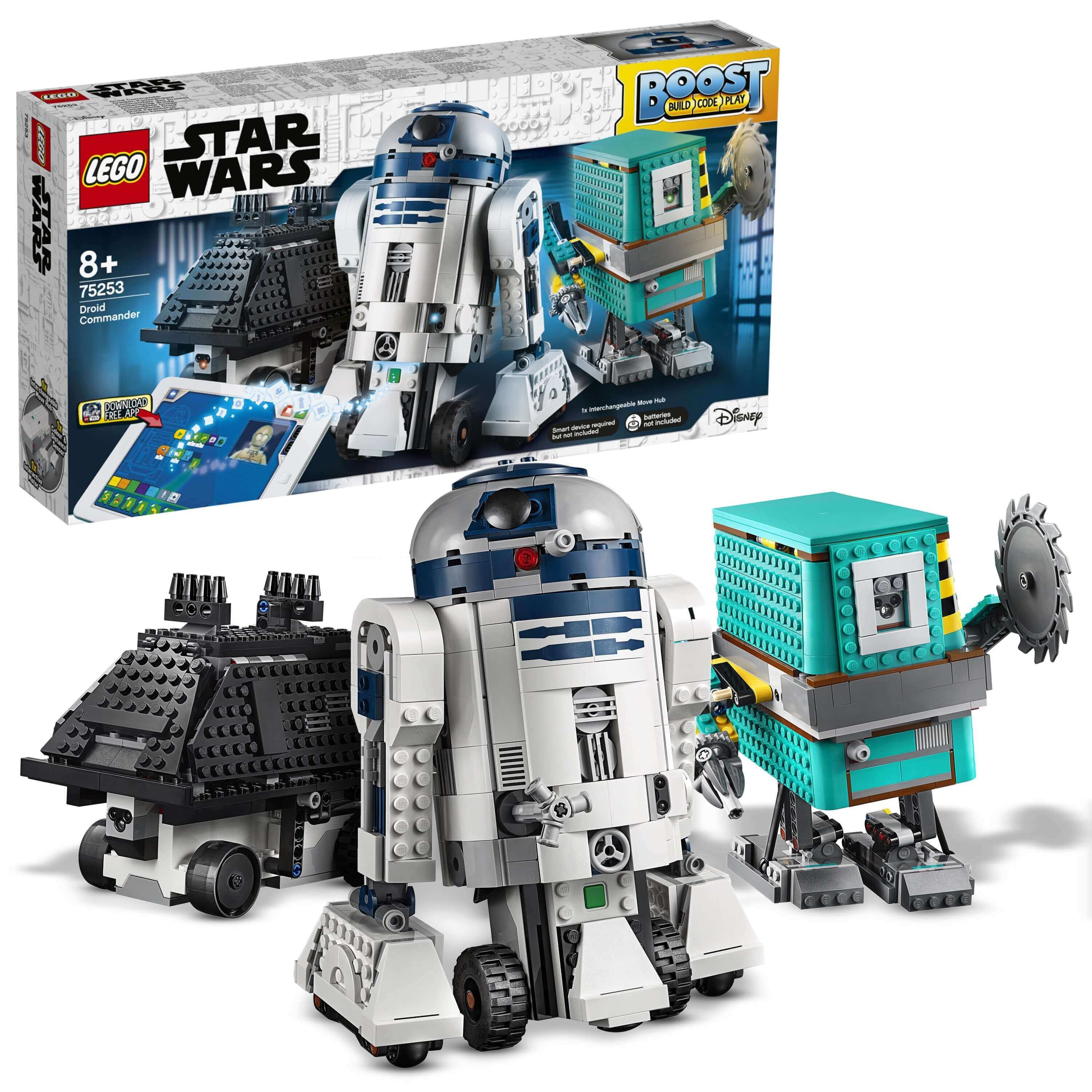 LEGO Star Wars BOOST Droid Commander 75253 set featuring R2-D2, Gonk Droid, and Mouse Droid for creative coding fun.