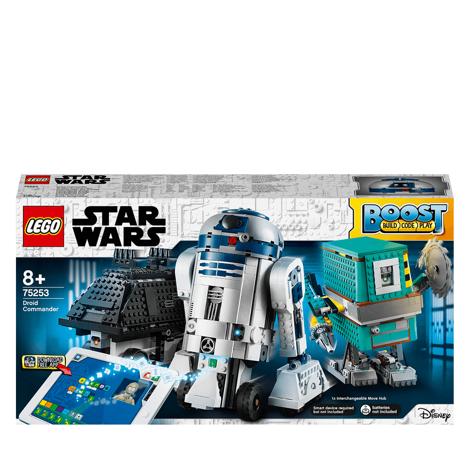 LEGO Star Wars BOOST Droid Commander 75253 box showcasing R2-D2 and droid robots with coding features for kids.