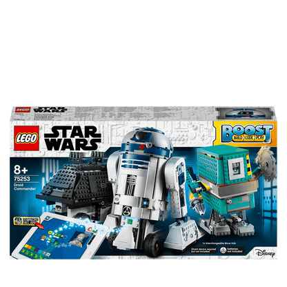 LEGO Star Wars BOOST Droid Commander 75253 box showcasing R2-D2 and droid robots with coding features for kids.