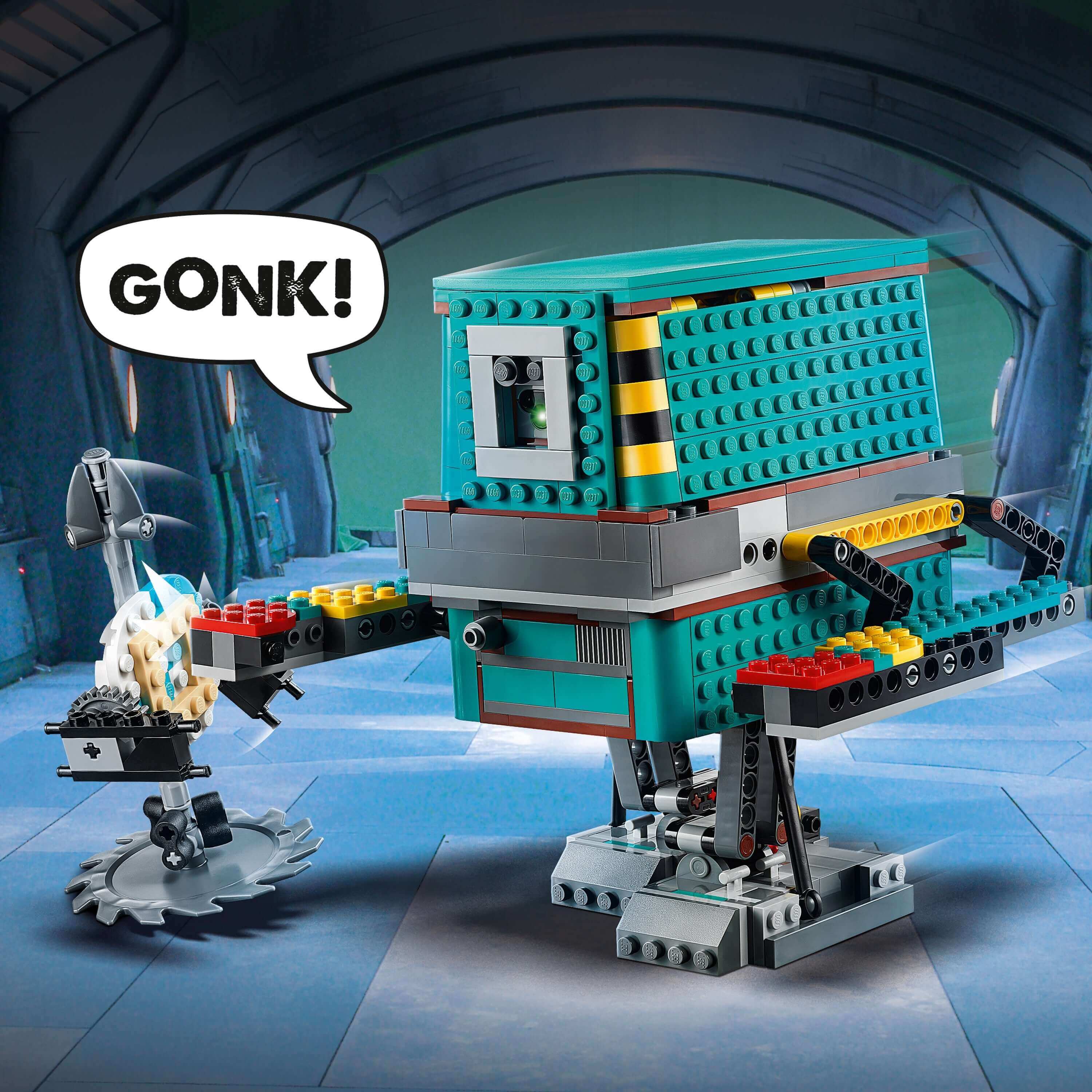 LEGO Star Wars BOOST Gonk Droid with spinning saw, showcasing interactive buildable robot features in a galactic setting.