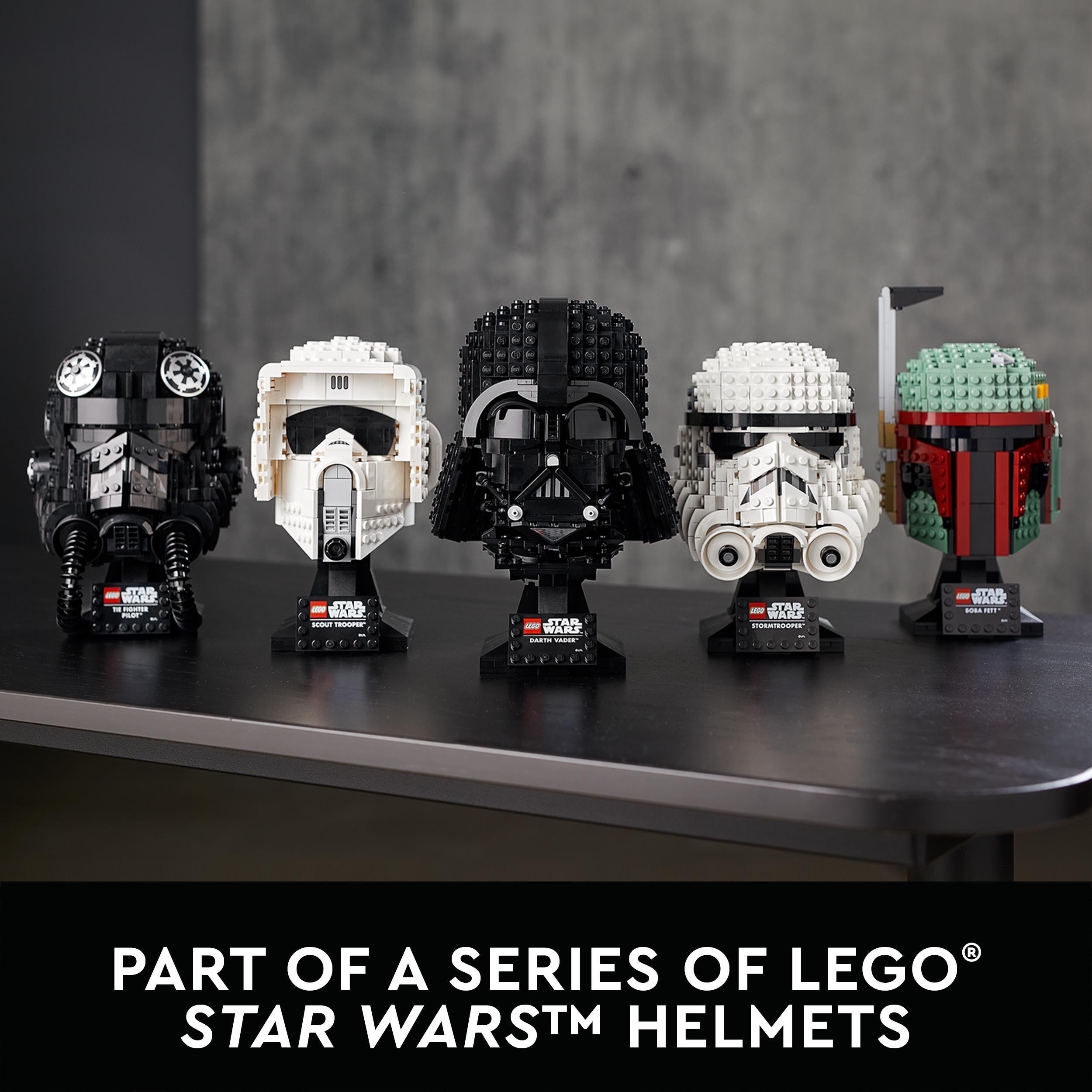 Collection of LEGO® Star Wars helmets showcasing Scout Trooper and other iconic characters, perfect for adult builders.