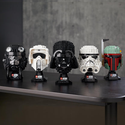 LEGO® Star Wars collectible helmets including Scout Trooper, Darth Vader, and Boba Fett on display.
