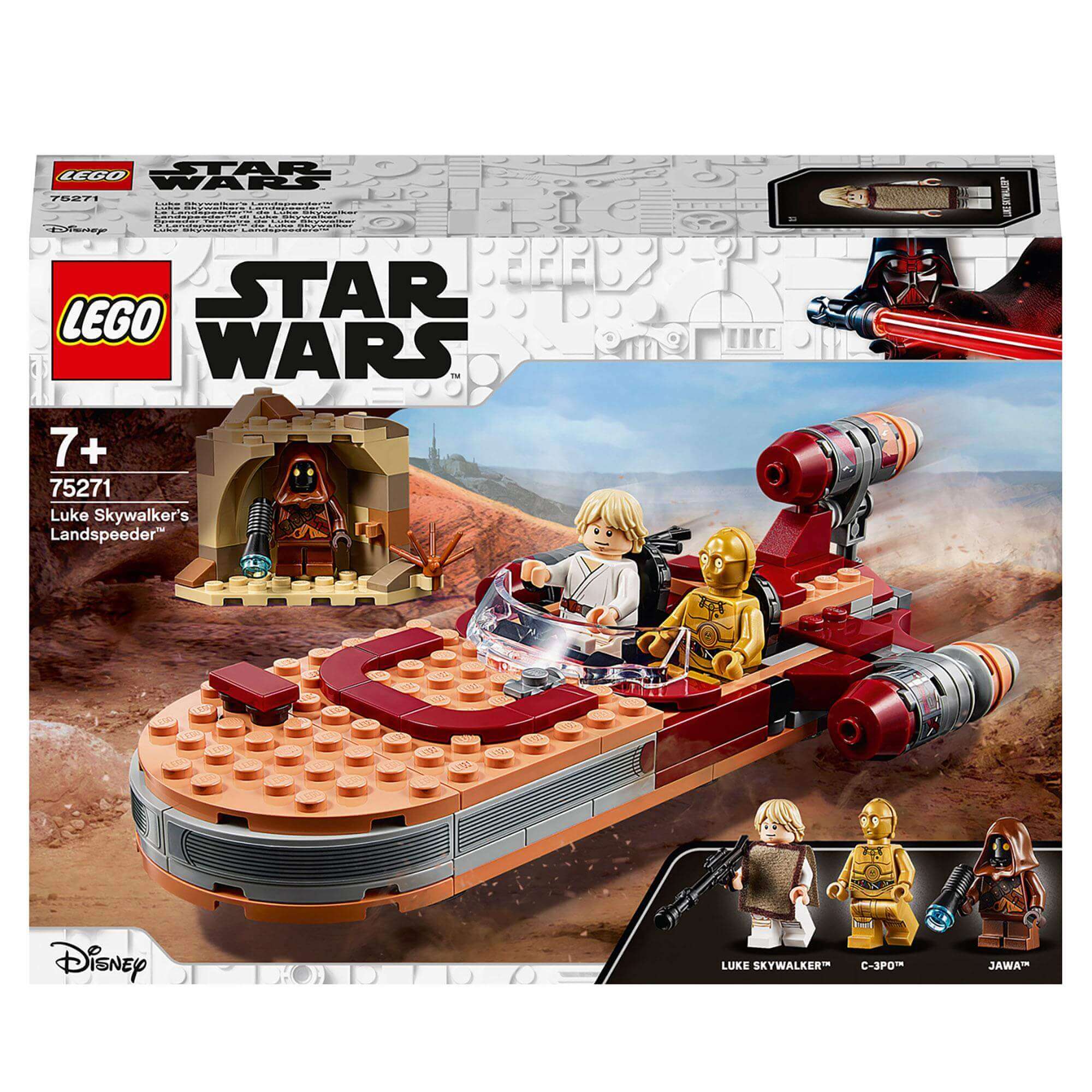 LEGO Star Wars Luke Skywalker Landspeeder 75271 set with Luke and C-3PO in Tatooine desert scene.