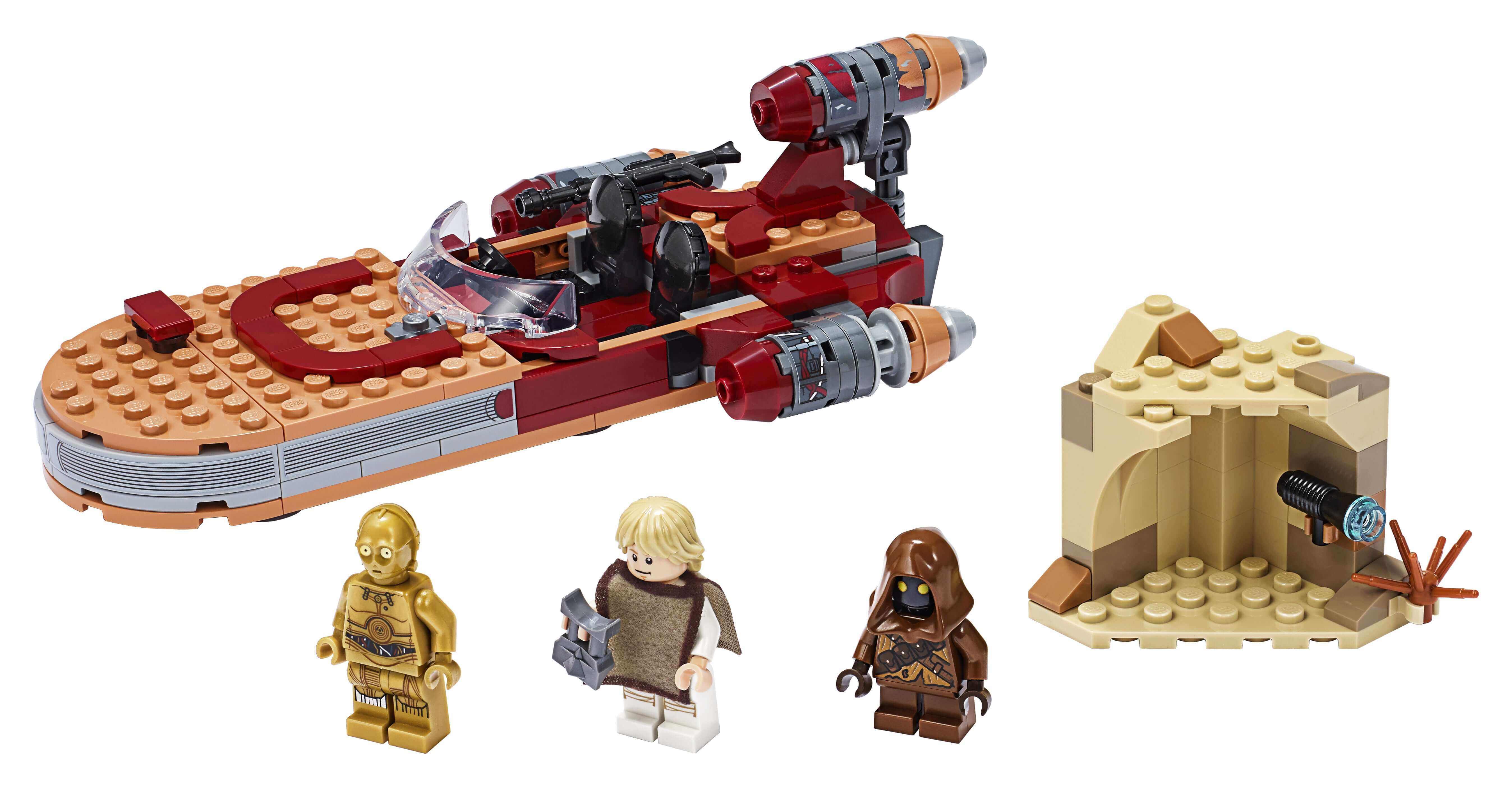 LEGO Star Wars Luke Skywalker Landspeeder 75271 set with figures of Luke, C-3PO, and a Jawa on Tatooine.