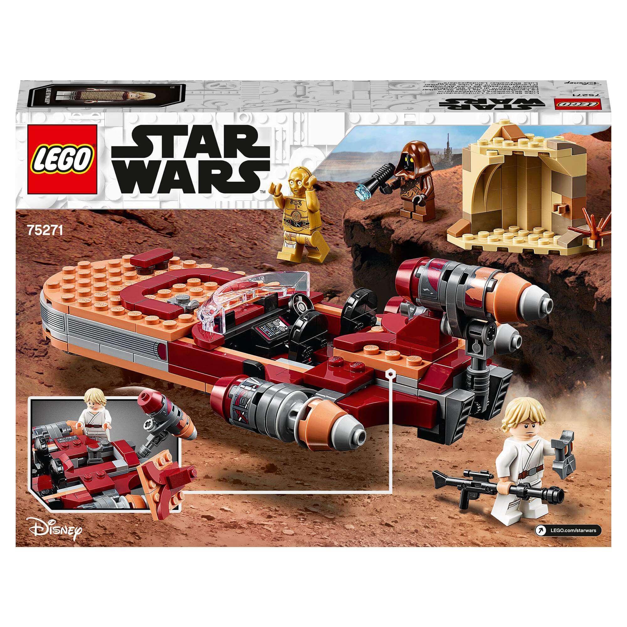 LEGO Star Wars Luke Skywalker Landspeeder 75271 set featuring Luke, C-3PO, and Tatooine scenery.