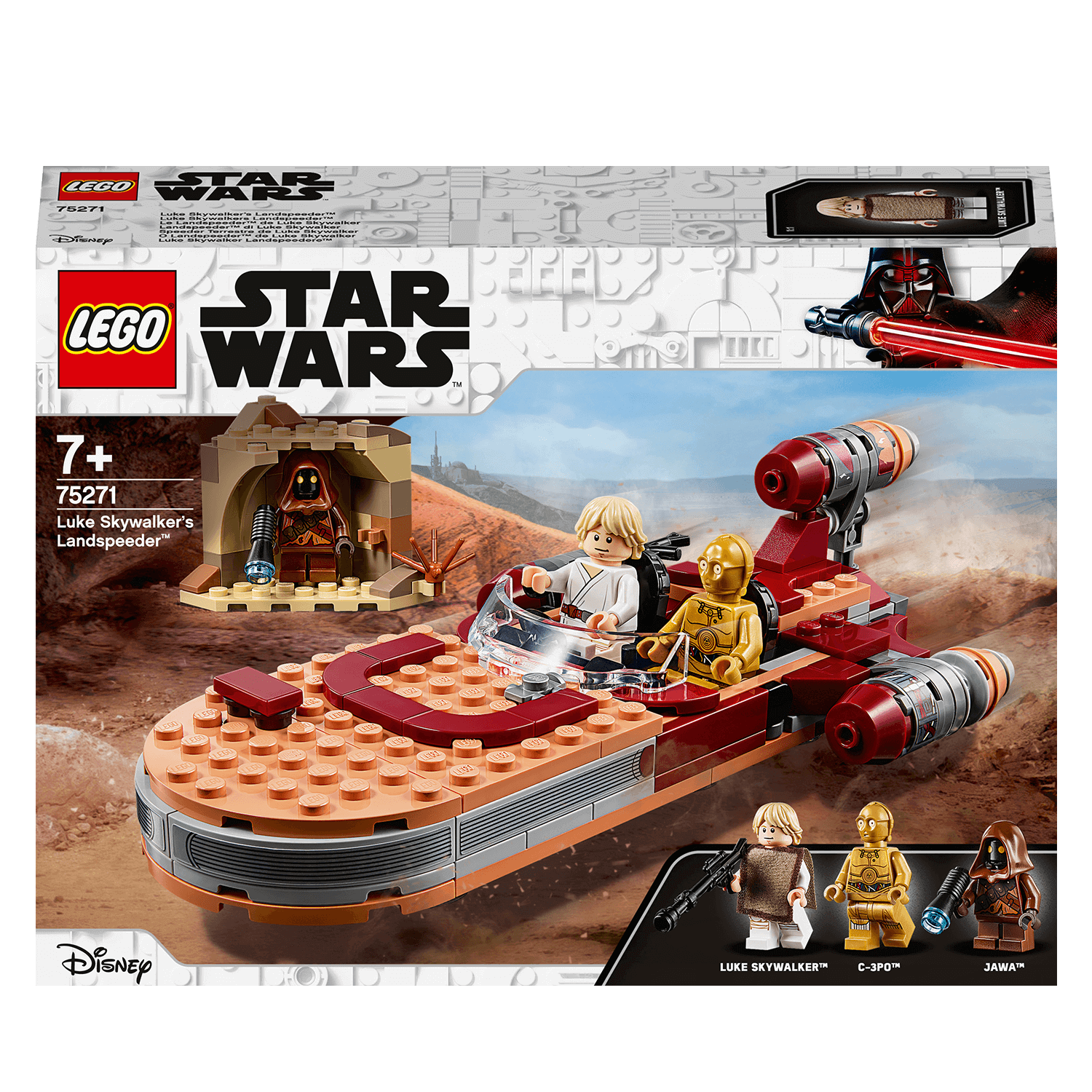 LEGO Star Wars Luke Skywalker Landspeeder 75271 set with Luke, C-3PO, and Jawa in Tatooine desert scene.