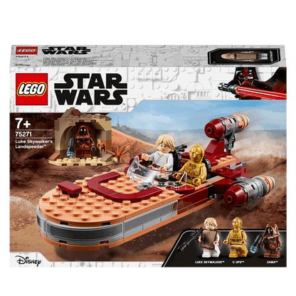 LEGO Star Wars Luke Skywalker Landspeeder 75271 set with Luke, C-3PO, and Jawa in Tatooine desert scene.