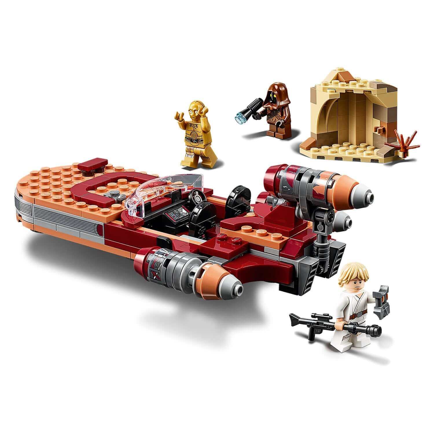 LEGO Star Wars Luke Skywalker Landspeeder 75271 with figures of Luke, C-3PO, and Tusken Raider in Tatooine setting.