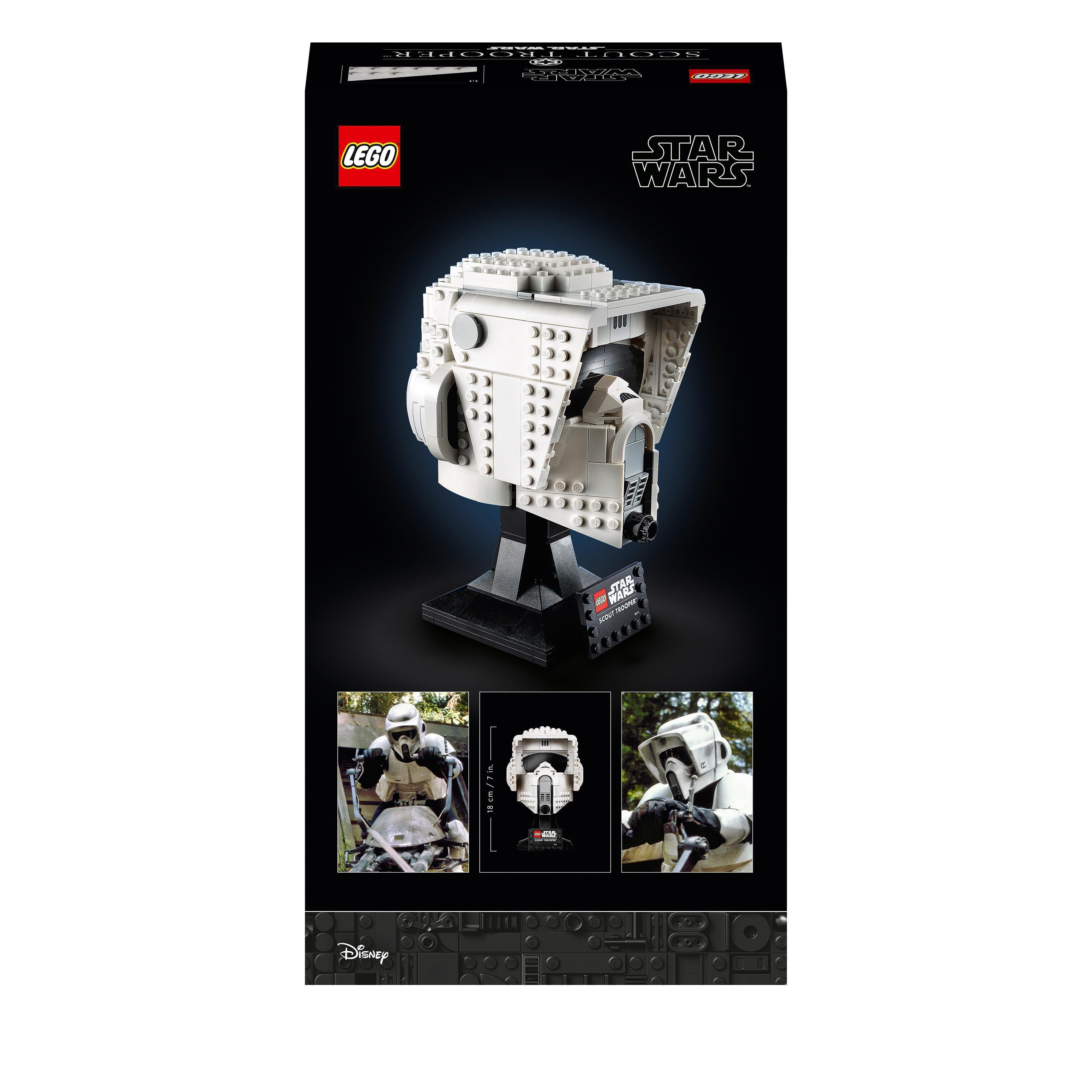 LEGO® Star Wars Scout Trooper Helmet set 75305 packaging featuring a detailed helmet model and character images.