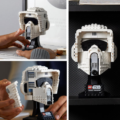 Detailed LEGO Star Wars Scout Trooper Helmet 75305 set on display, showcasing adult collectible model craftsmanship.