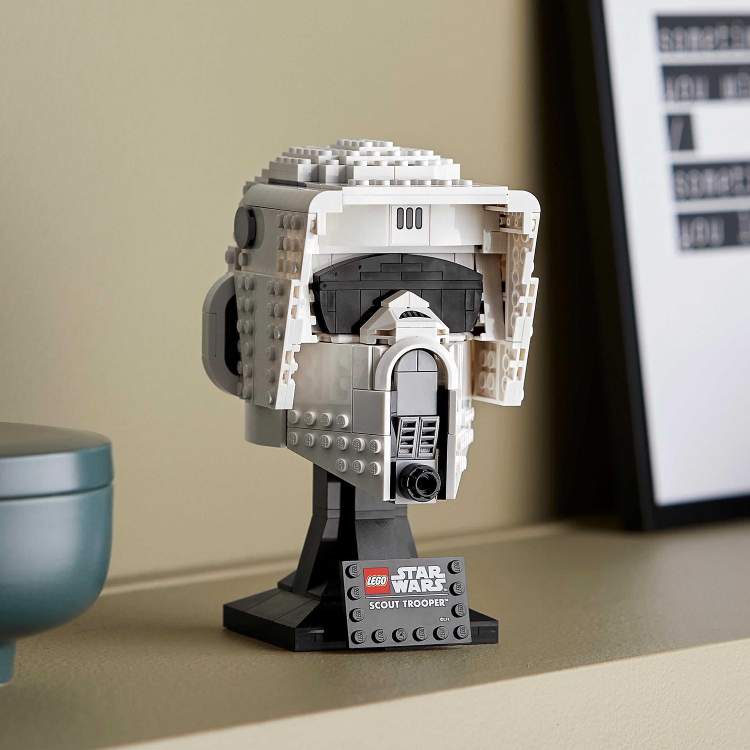 LEGO® Star Wars Scout Trooper Helmet set 75305 on display, showcasing detailed brick construction for adult collectors.