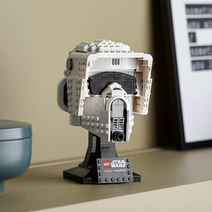 LEGO® Star Wars Scout Trooper Helmet set 75305 on display, showcasing detailed brick construction for adult collectors.