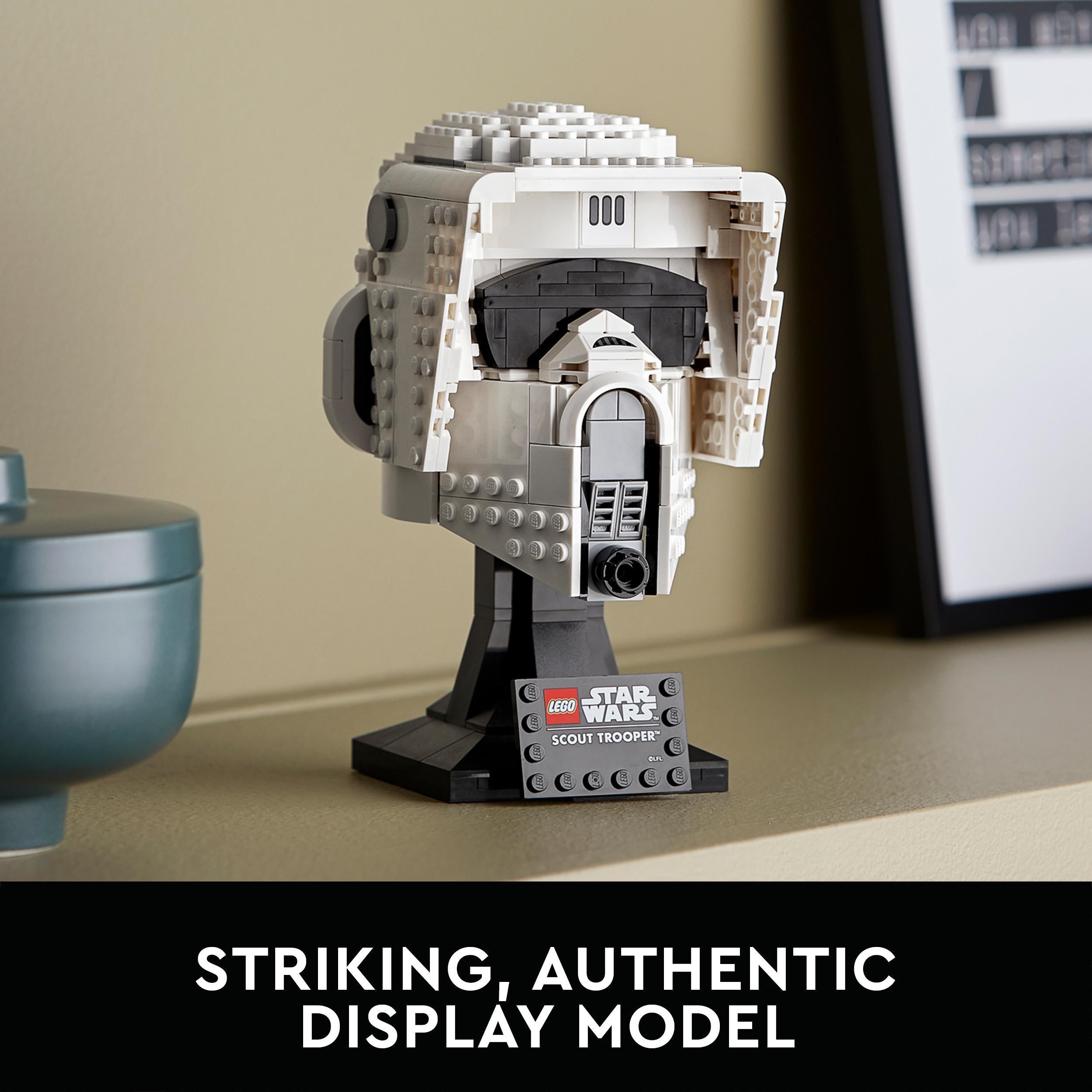 LEGO Star Wars Scout Trooper Helmet display model, showcasing detailed brick construction for collectors.
