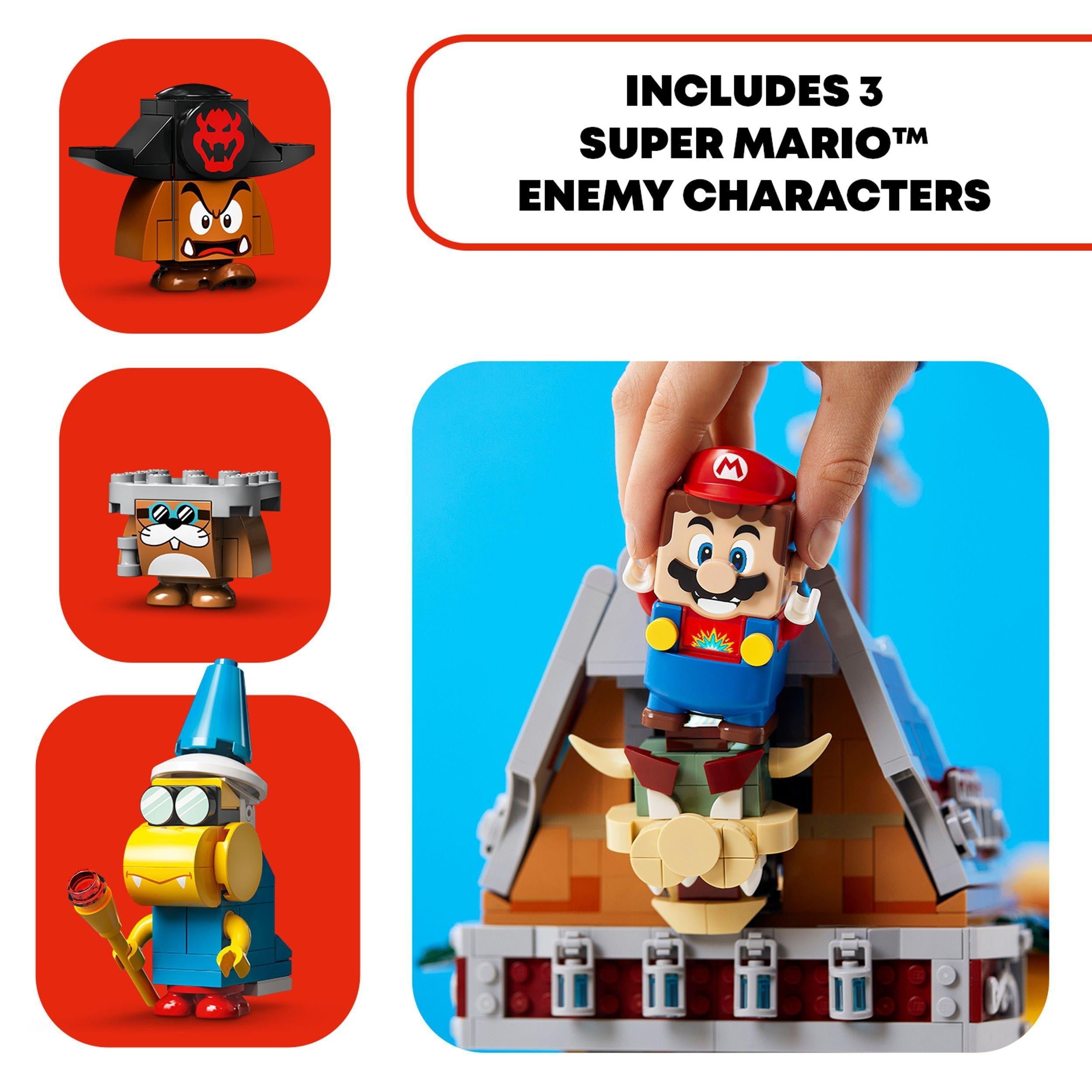 LEGO Super Mario Bowser Airship set featuring Mario and three enemy characters for kids' imaginative play.