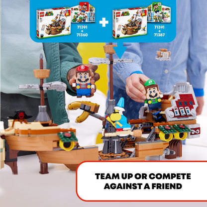 Kids with LEGO® Super Mario Bowser Airship Expansion set 71391, teaming up with mini figures and blocks to play.