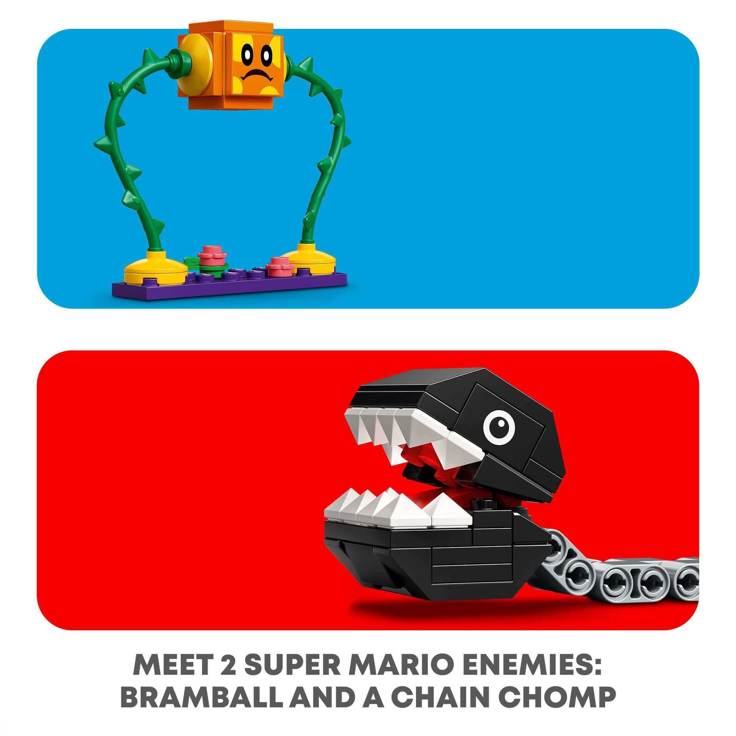 LEGO® Super Mario Jungle Encounter Expansion Set featuring Bramball and Chain Chomp enemies for kids.