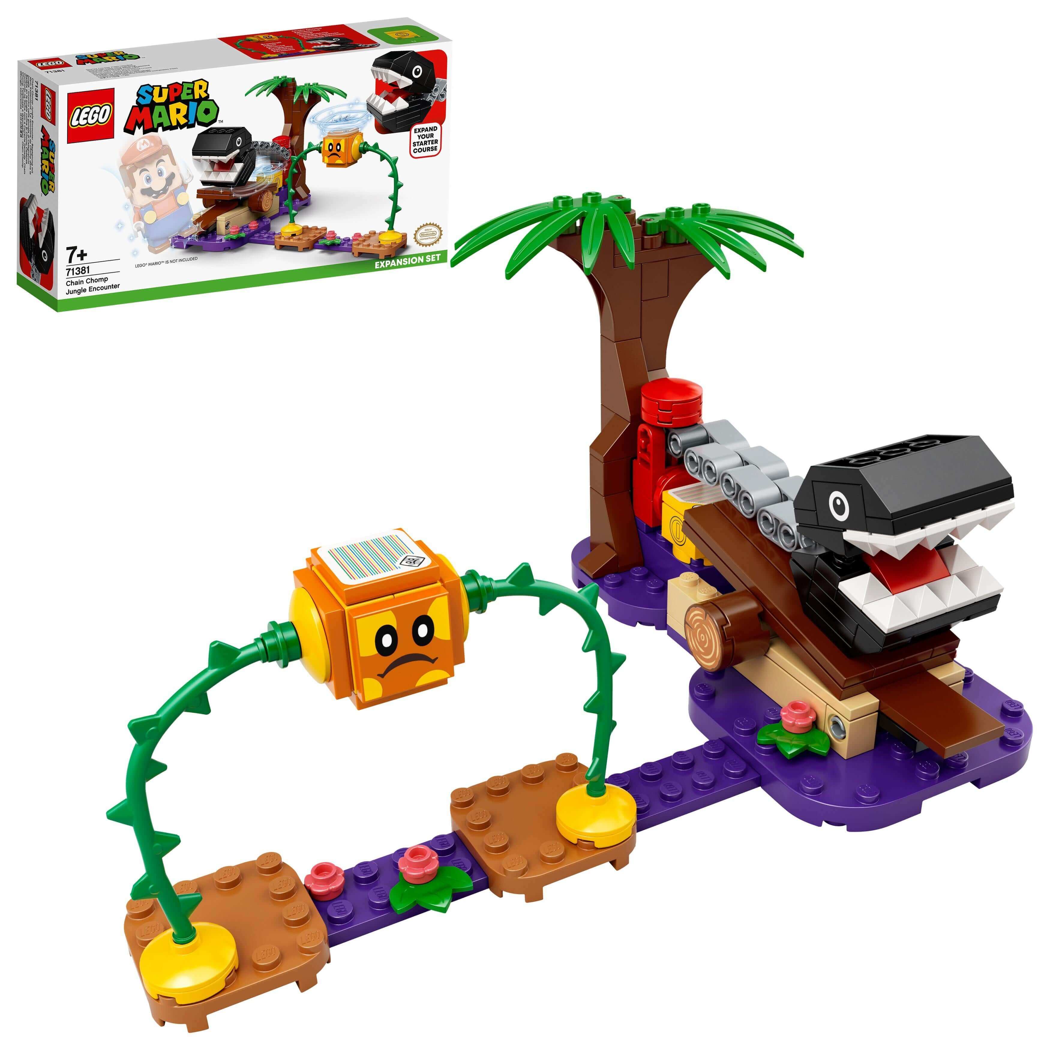LEGO Super Mario Jungle Encounter Set 71381 featuring Chain Chomp, tree, and activity elements for exciting gameplay.