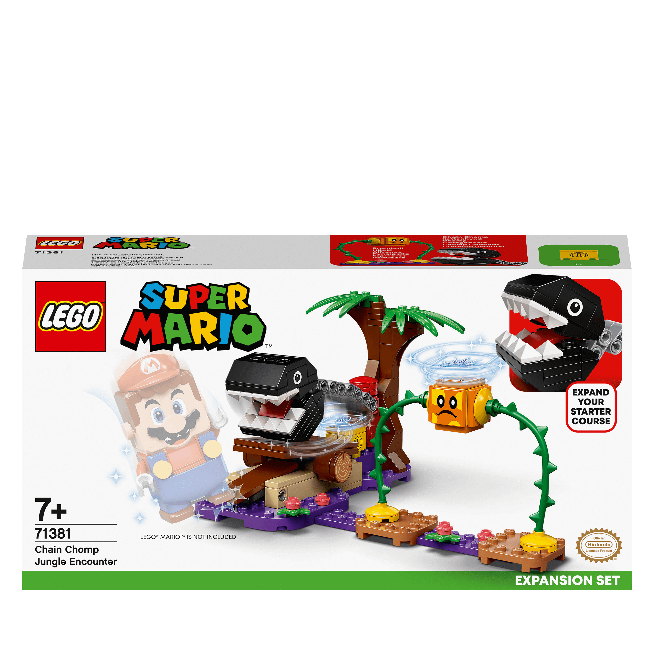 LEGO Super Mario Jungle Encounter Expansion Set 71381 featuring Chain Chomp, Soda Jungle elements, and interactive gameplay.