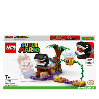 LEGO Super Mario Jungle Encounter Expansion Set 71381 featuring Chain Chomp, Soda Jungle elements, and interactive gameplay.