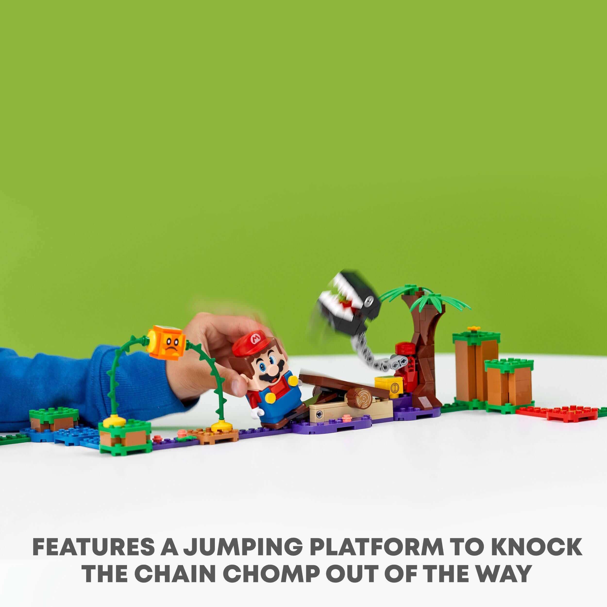 LEGO® Super Mario Jungle Encounter set with Mario, jumping platform, and Chain Chomp for fun challenges.