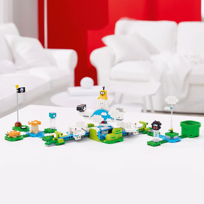 LEGO® Super Mario Lakitu Sky World Expansion Set 71389 featuring Lakitu, Bullet Bill, and Fuzzy on a colorful play scene.