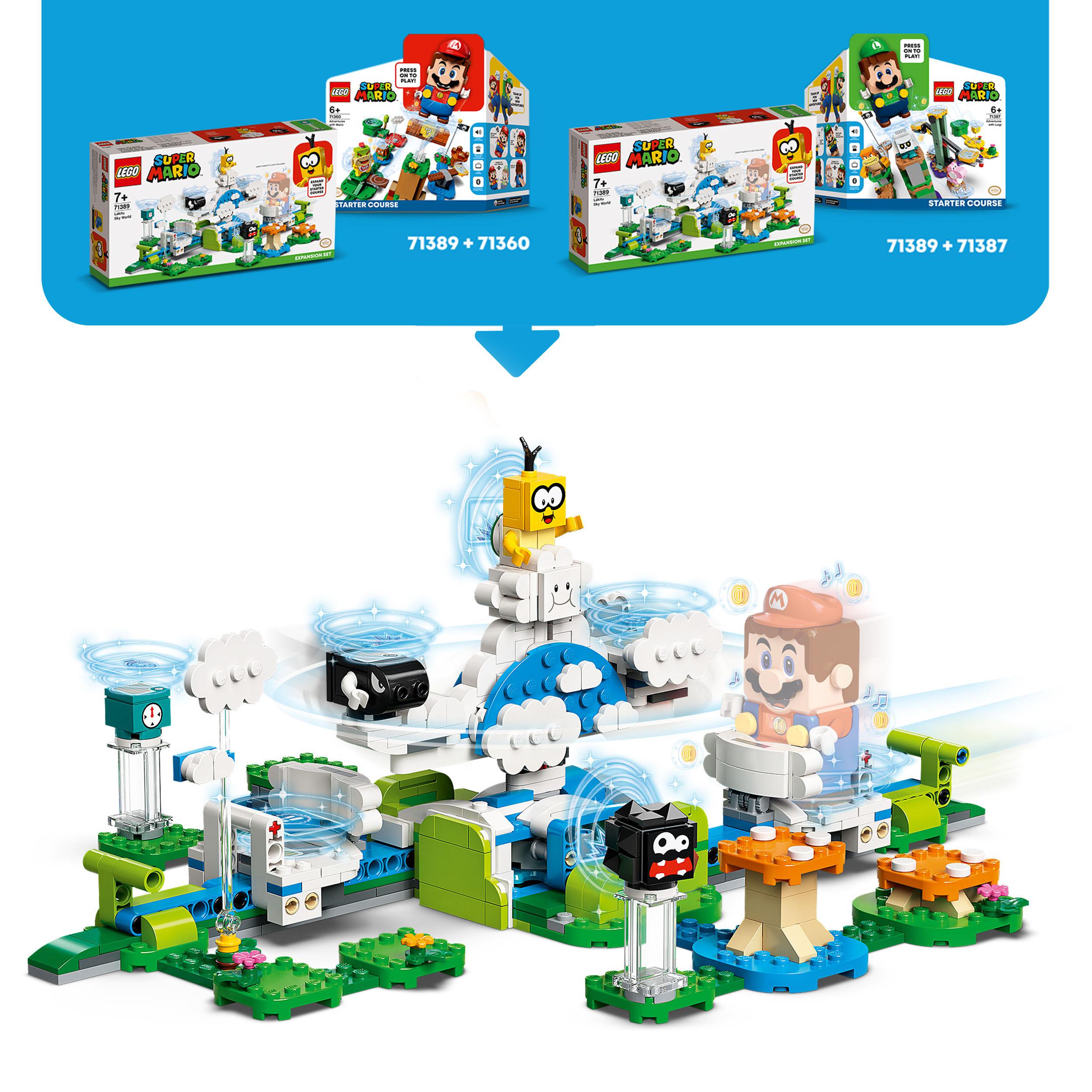 LEGO® Super Mario Lakitu Sky World Expansion Set 71389 showcasing cloud battle with Lakitu, Bullet Bill, and Fuzzy.