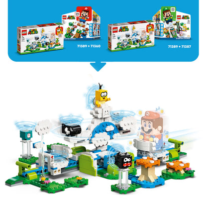 LEGO® Super Mario Lakitu Sky World Expansion Set 71389 showcasing cloud battle with Lakitu, Bullet Bill, and Fuzzy.