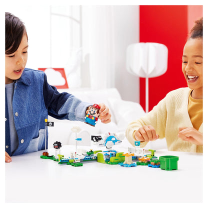 Kids enjoying LEGO® Super Mario Lakitu Sky World Expansion Set, playing with Mario figure and building elements.