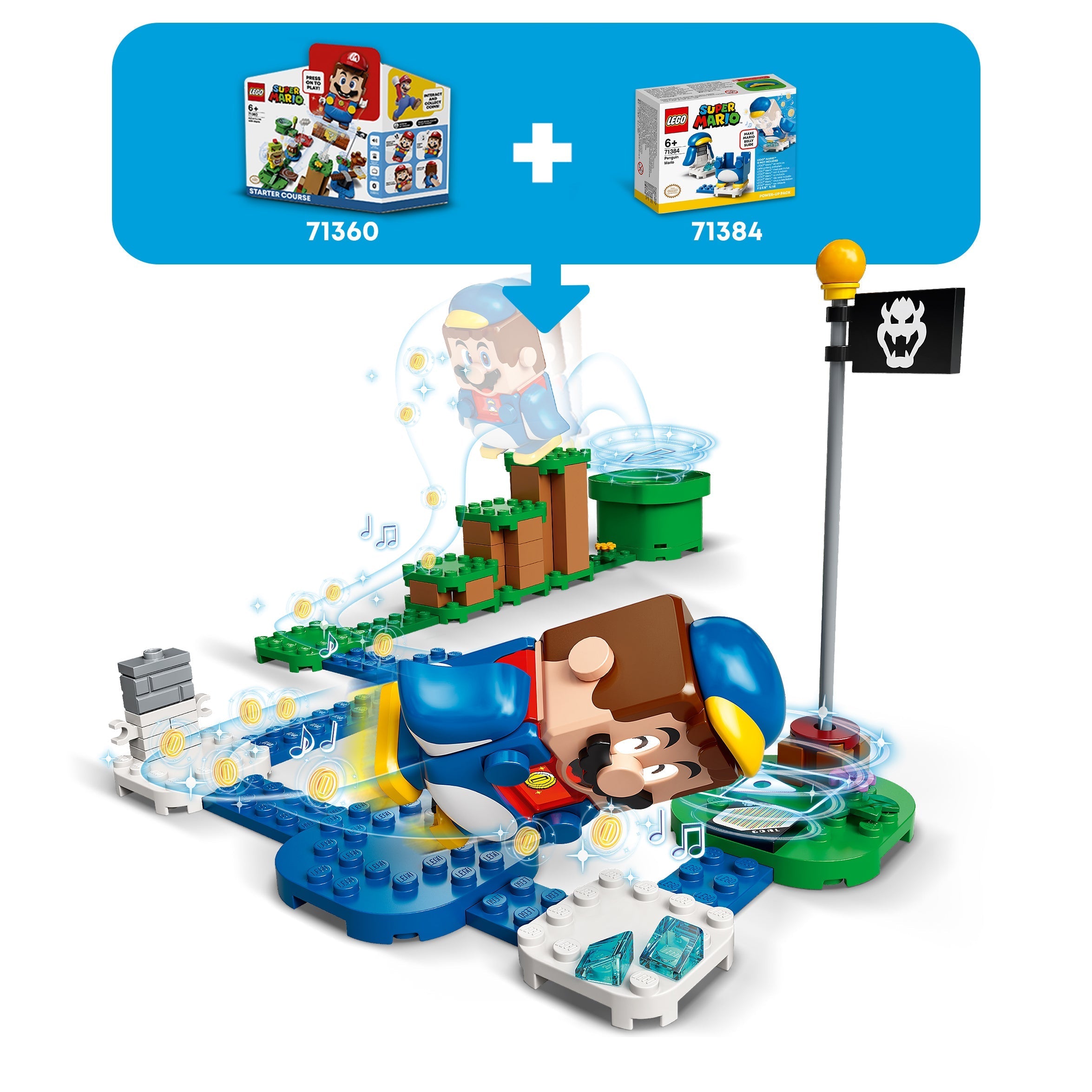 LEGO® Super Mario Penguin Mario Power-Up Pack 71384 featuring interactive belly-sliding play with LEGO® Mario™ figure.