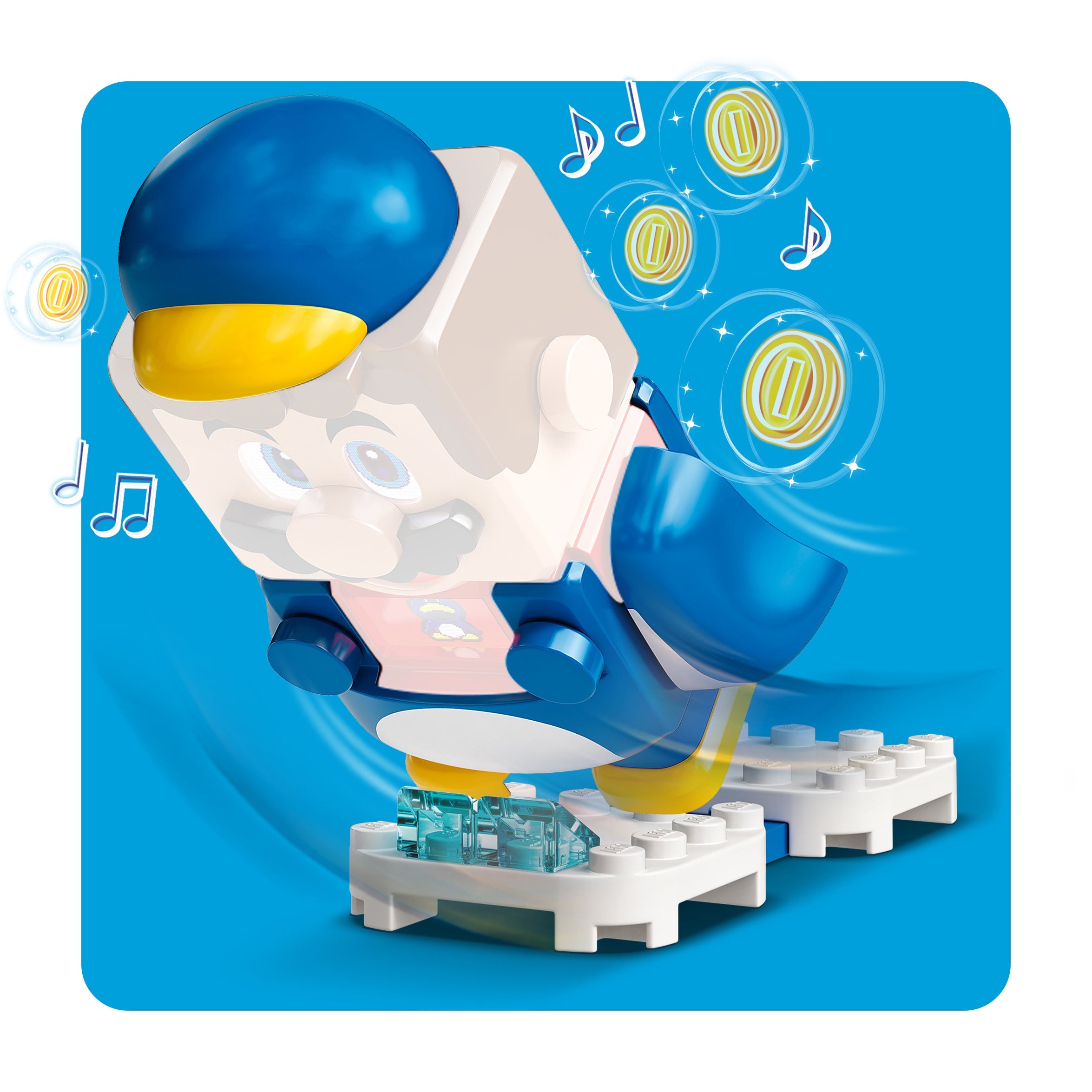 LEGO Super Mario Penguin Mario Power-Up Pack 71384, featuring Mario sliding with coins and music effects.