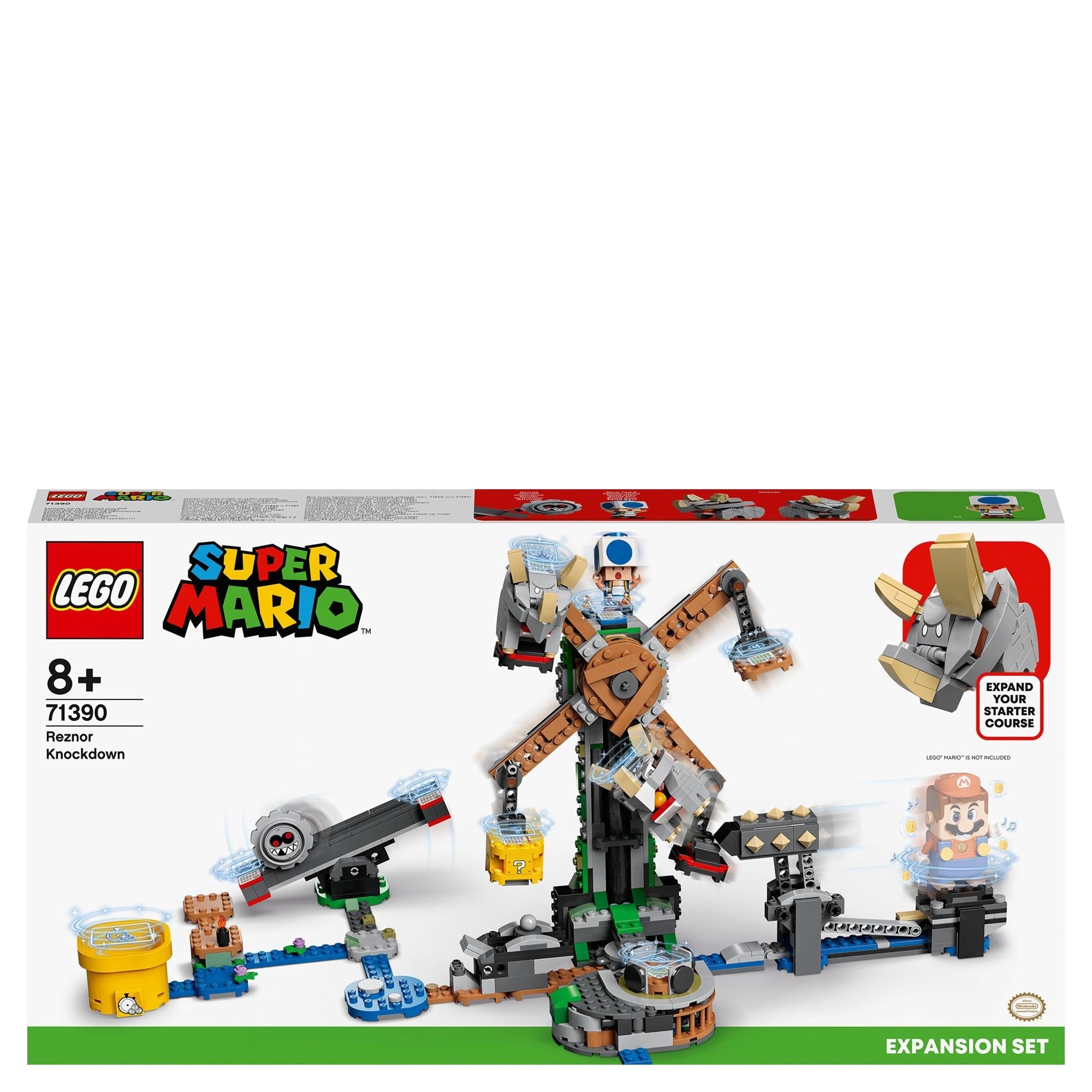 LEGO® Super Mario Reznor Knockdown Expansion Set 71390 featuring challenges and playable characters for kids aged 8+