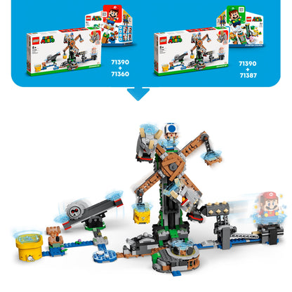 LEGO Super Mario Reznor Knockdown Expansion Set 71390 featuring spinning and seesawing challenges for kids.
