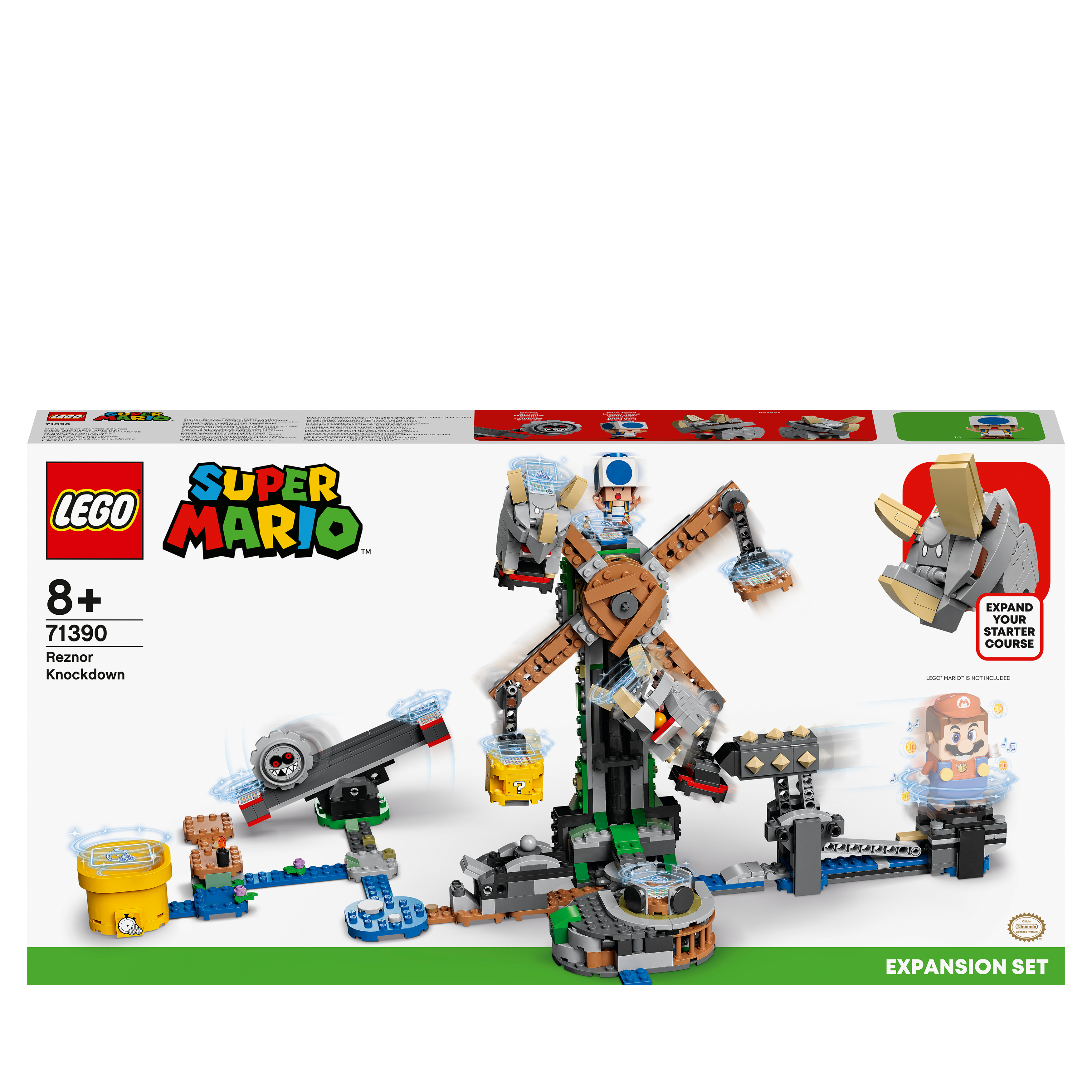 LEGO® Super Mario Reznor Knockdown Expansion Set 71390 with spinning challenges and Grrrol seesaw gameplay.