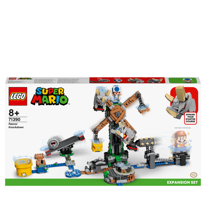 LEGO® Super Mario Reznor Knockdown Expansion Set 71390 with spinning challenges and Grrrol seesaw gameplay.