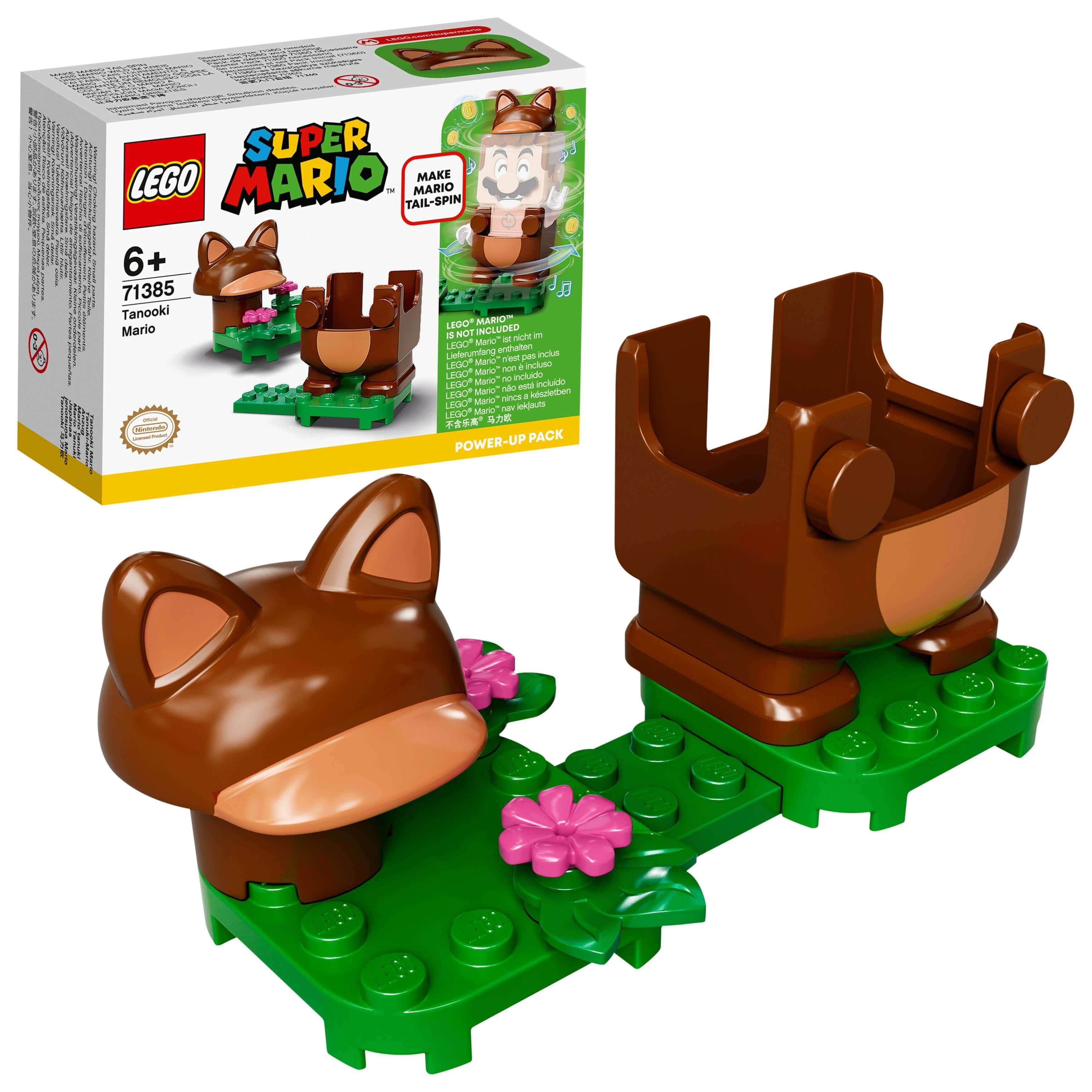 LEGO® Super Mario Tanooki Mario Power-Up Pack 71385 with interactive suit and green landscape base.