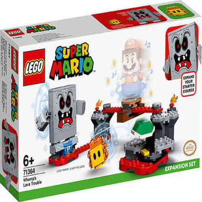 LEGO Super Mario Whomp's Lava Trouble Expansion Set 71364 packaging showcasing challenge elements and gameplay.