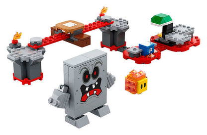 LEGO Super Mario Whomp's Lava Trouble Expansion Set 71364 featuring a Whomp, sliding platform, and P Switch.