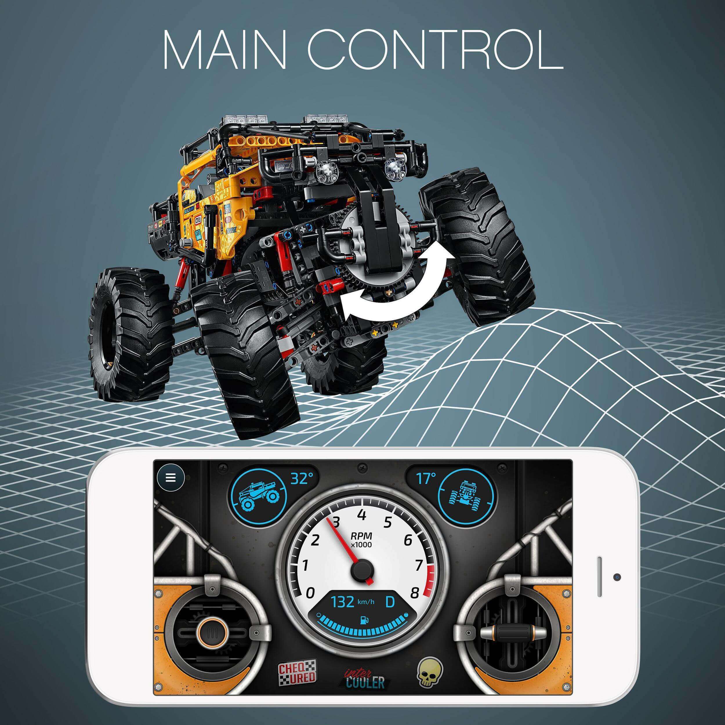 LEGO Technic 4x4 X-treme Off-Roader with CONTROL+ app interface and controls displayed on a smartphone.