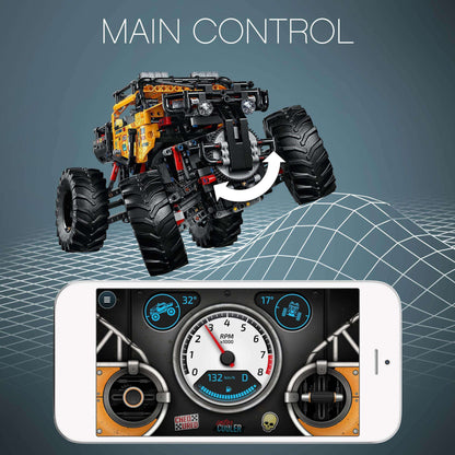 LEGO Technic 4x4 X-treme Off-Roader with CONTROL+ app interface and controls displayed on a smartphone.