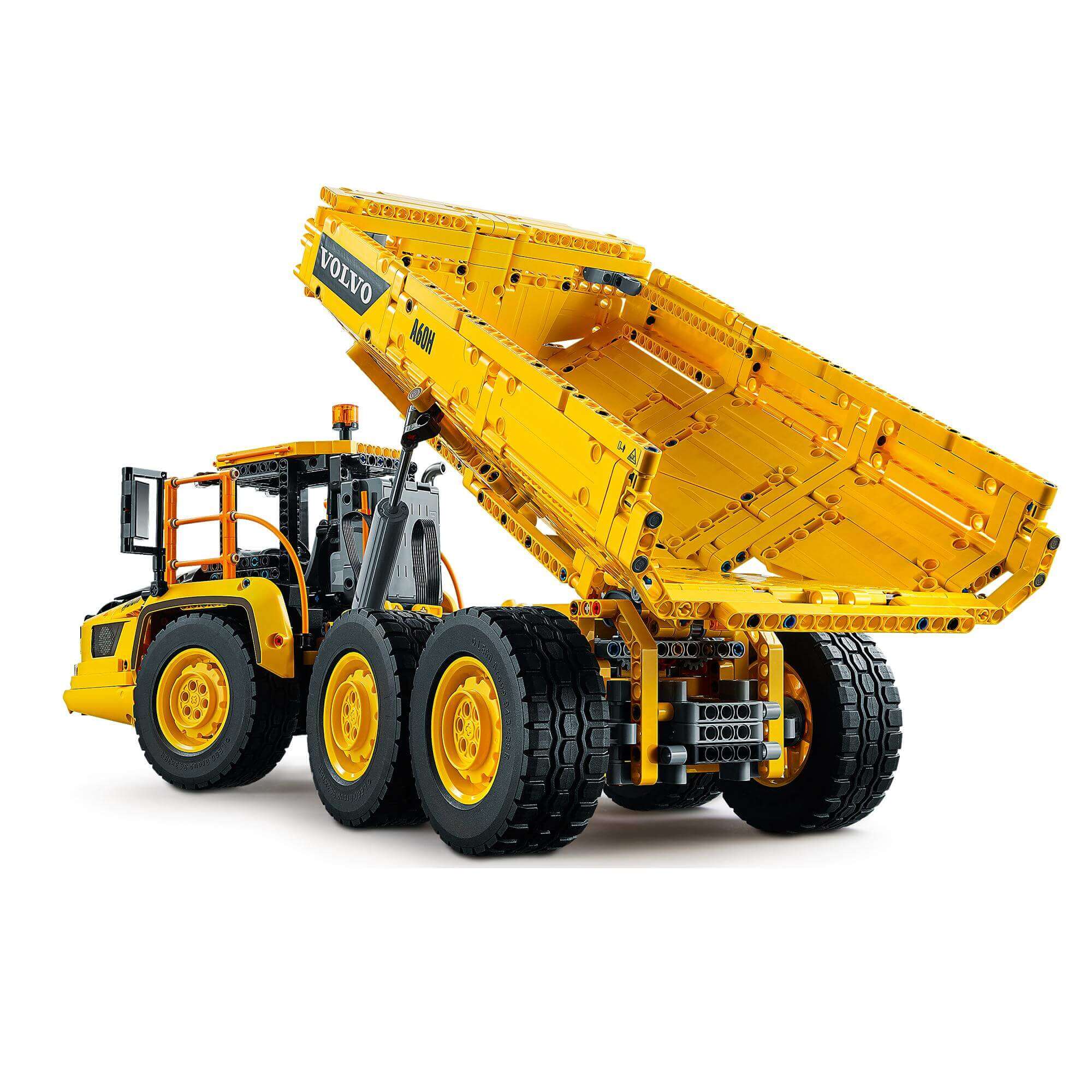 LEGO Technic 6x6 Volvo Articulated Hauler Truck 42114 with raised dump bed, perfect for creative play.