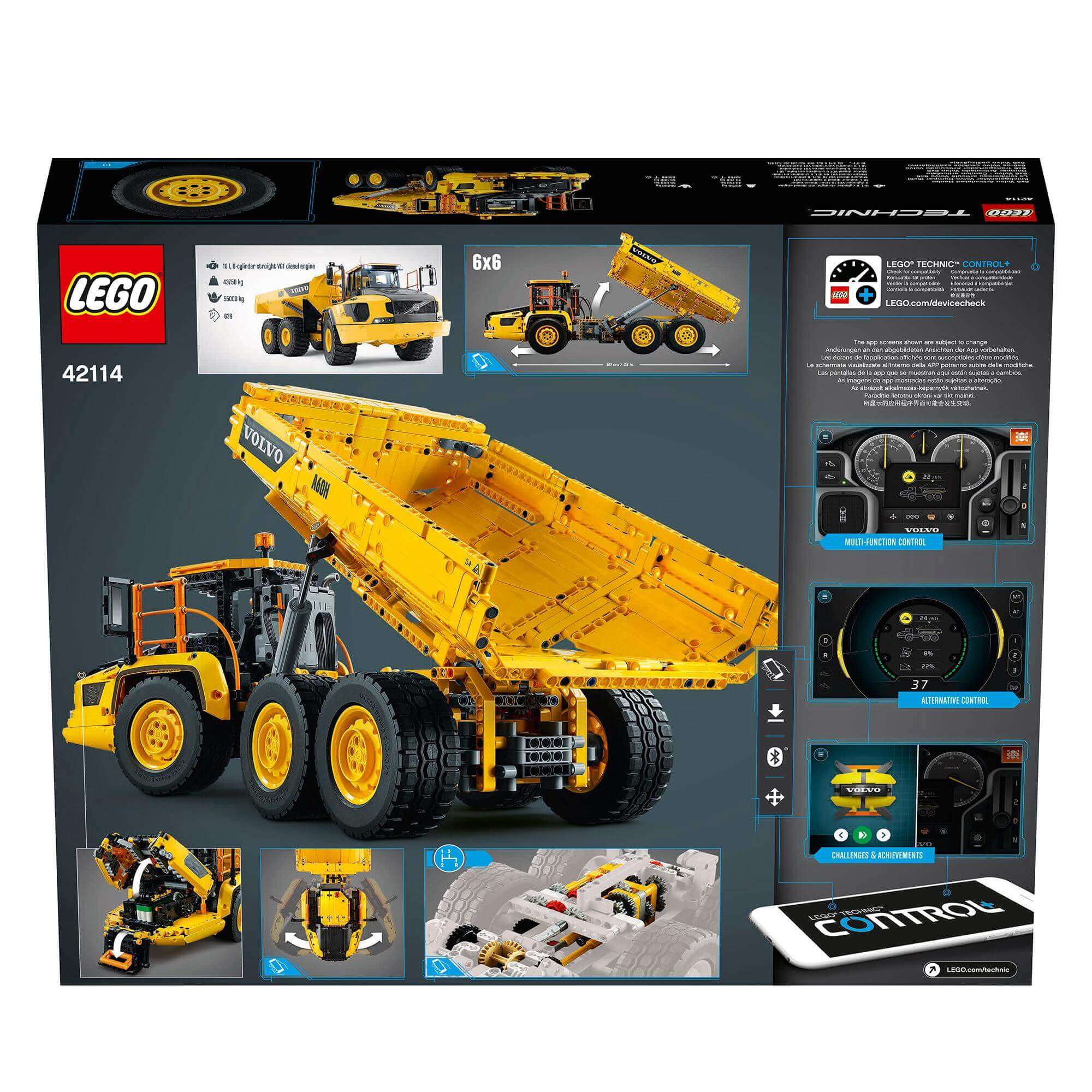 LEGO Technic 6x6 Volvo Articulated Hauler Truck 42114 box artwork with features and app control details.