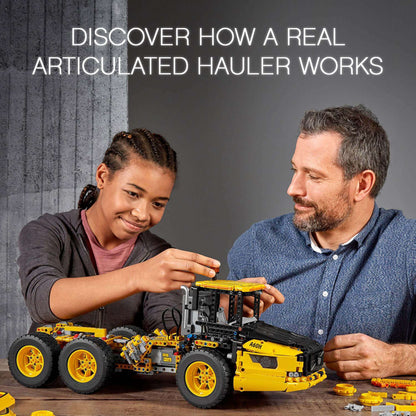 Child and adult engaging with LEGO Technic 6x6 Volvo articulated hauler toy, showcasing creative play and construction fun.